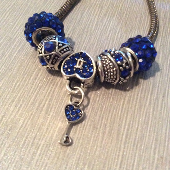 🍒 5PC DARK BLUE BEAD CHARMS HEART KEY NECKLACE NAVY WIDE HOLE SPARKLE DIAMOND - Picture 7 of 7